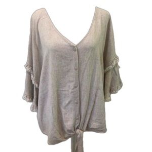 Umgee Size M linen cotton blend lagenlook top with tie waist bell sleeves fringe